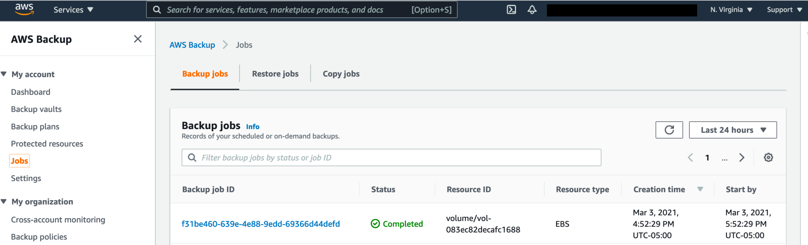 AWS Backup interface showing a completed backup job with details including job ID, resource ID, resource type, creation time, and start time.
