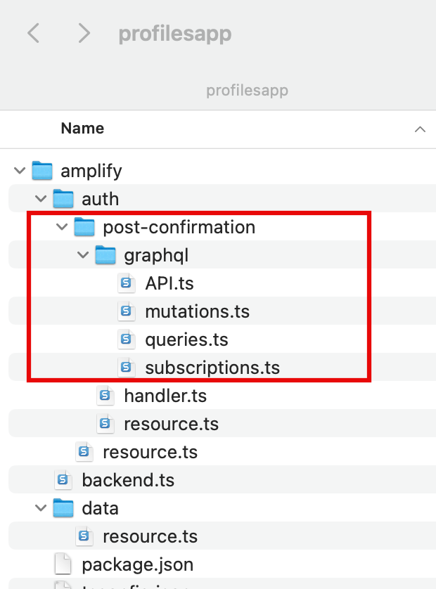 Screenshot of a directory structure for a project named 'profilesapp,' focusing on the 'amplify/auth/post-confirmation/graphql' folder, which contains TypeScript files: API.ts, mutations.ts, queries.ts, and subscriptions.ts. This image is used in Module 3 of a tutorial on building a basic web application, illustrating GraphQL integration in the project.
