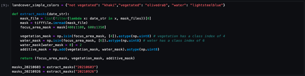 Screenshot of Python code for extracting masks using SageMaker Geospatial. The code includes functions for reading TIFF mask files, isolating vegetation and water areas using NumPy arrays, and displaying sample extraction for two dates. Color coding for landcover types is also shown.