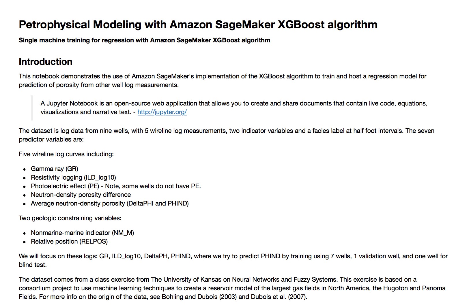 Screenshot of a Jupyter Notebook introduction titled 'Petrophysical Modeling with Amazon SageMaker XGBoost algorithm'. The notebook demonstrates using Amazon SageMaker's XGBoost implementation to predict porosity from well log measurements, featuring a description of the dataset variables, log curves, and a brief note on the origin of the data.