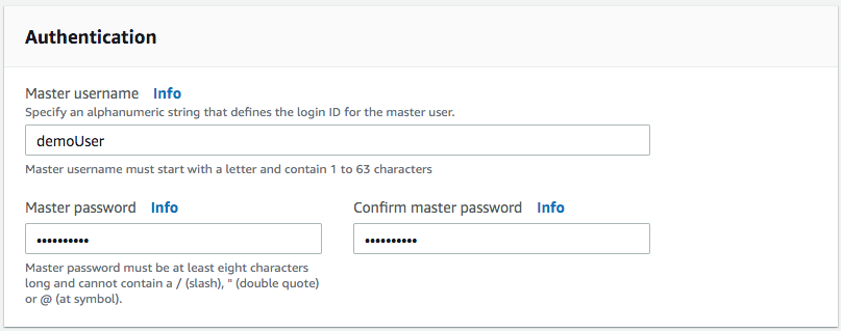 Screenshot showing the authentication setup screen for Amazon DocumentDB in AWS Cloud9. It displays the fields for entering the master username and password, along with relevant password requirements and information links.