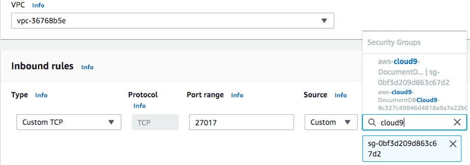 Screenshot of the AWS console showing how to configure an inbound security group rule for a VPC, allowing custom TCP traffic on port 27017, typically used for Amazon DocumentDB, with Cloud9 as the selected security group.
