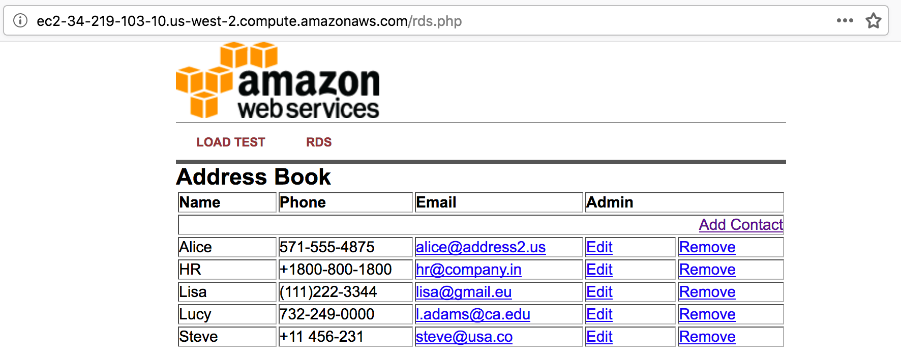 A web-based address book interface hosted on Amazon Web Services, displaying a table with names, phone numbers, emails, and options to edit or remove entries.