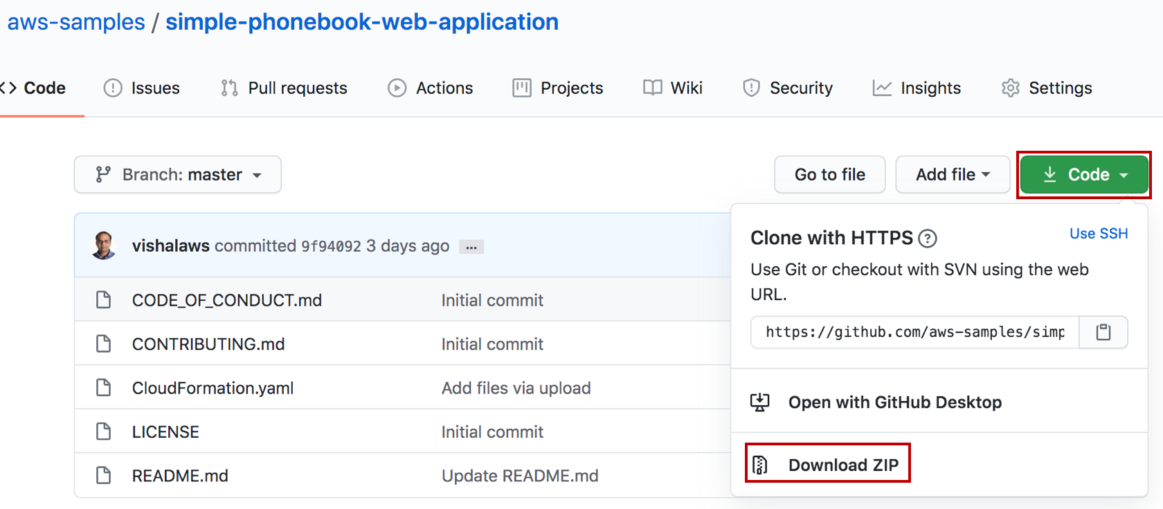 GitHub repository page showing file list, branch set to master, and a "Code" dropdown with options to clone or download as ZIP.