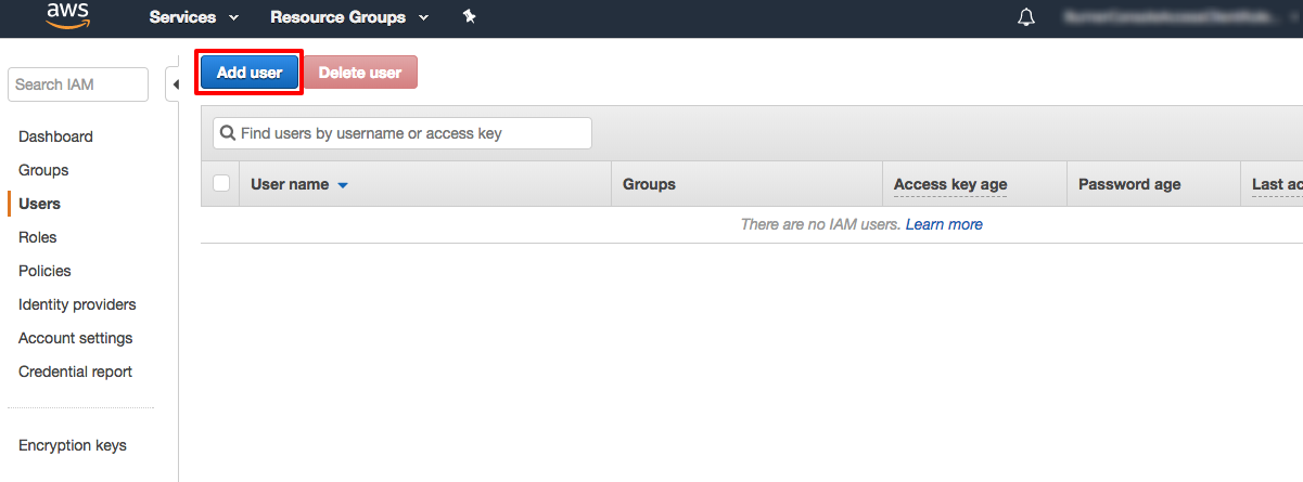 Screenshot of the AWS Identity and Access Management (IAM) console highlighting the 'Add user' button on the Users page.