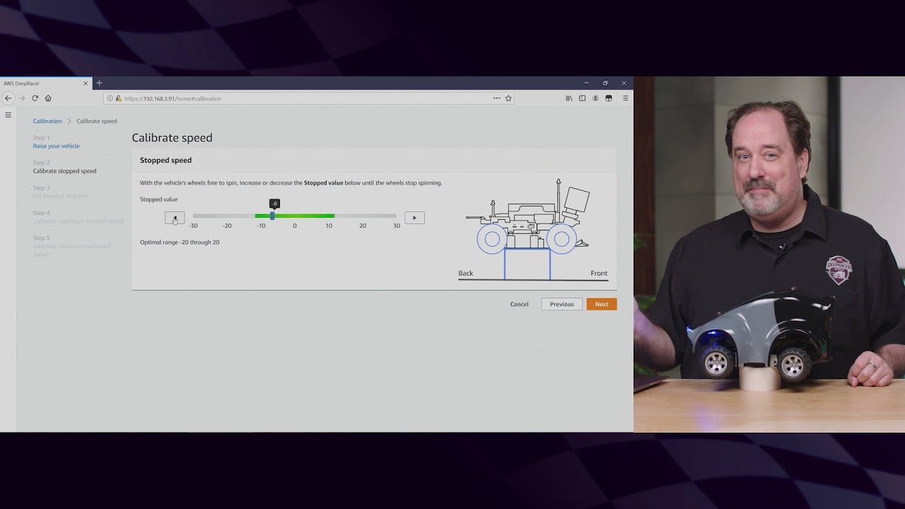 A YouTube thumbnail showing an AWS DeepRacer calibration demo with a presenter holding a DeepRacer car and a screen displaying the 'Calibrate speed' step on the AWS DeepRacer interface.