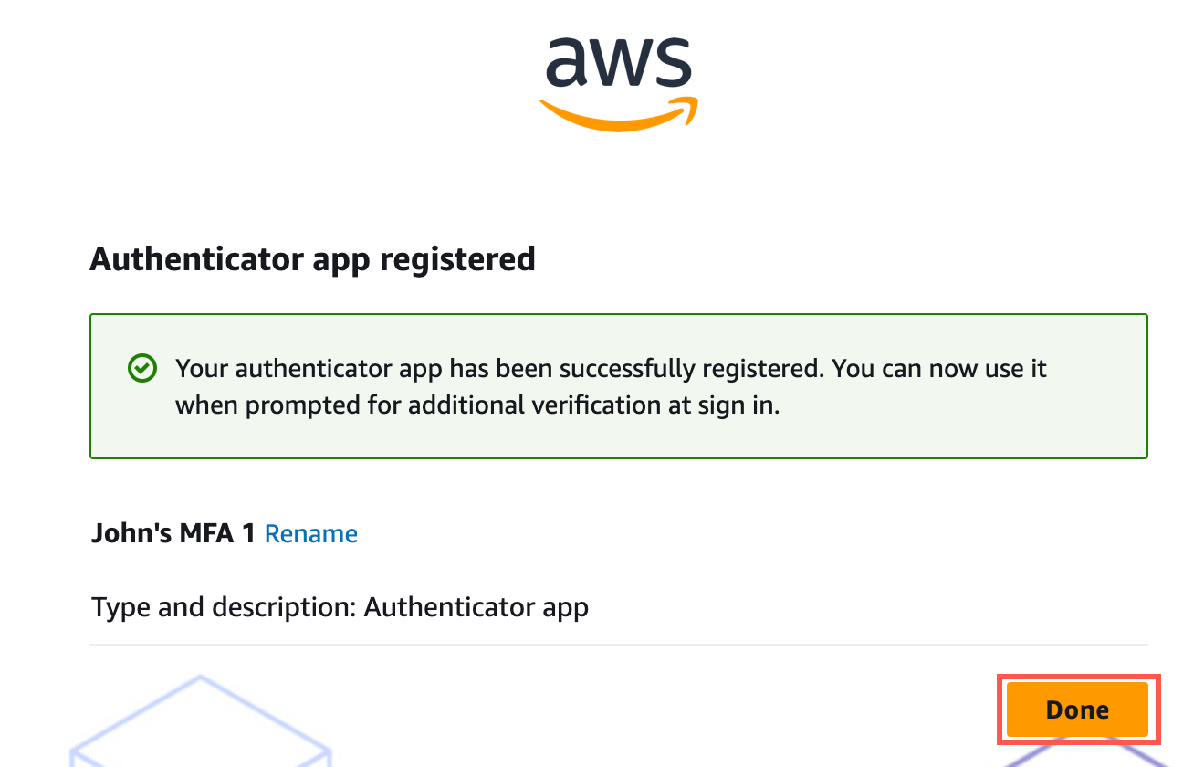 "Confirmation screen showing 'Authenticator app registered' with a success message and a 'Done' button highlighted."