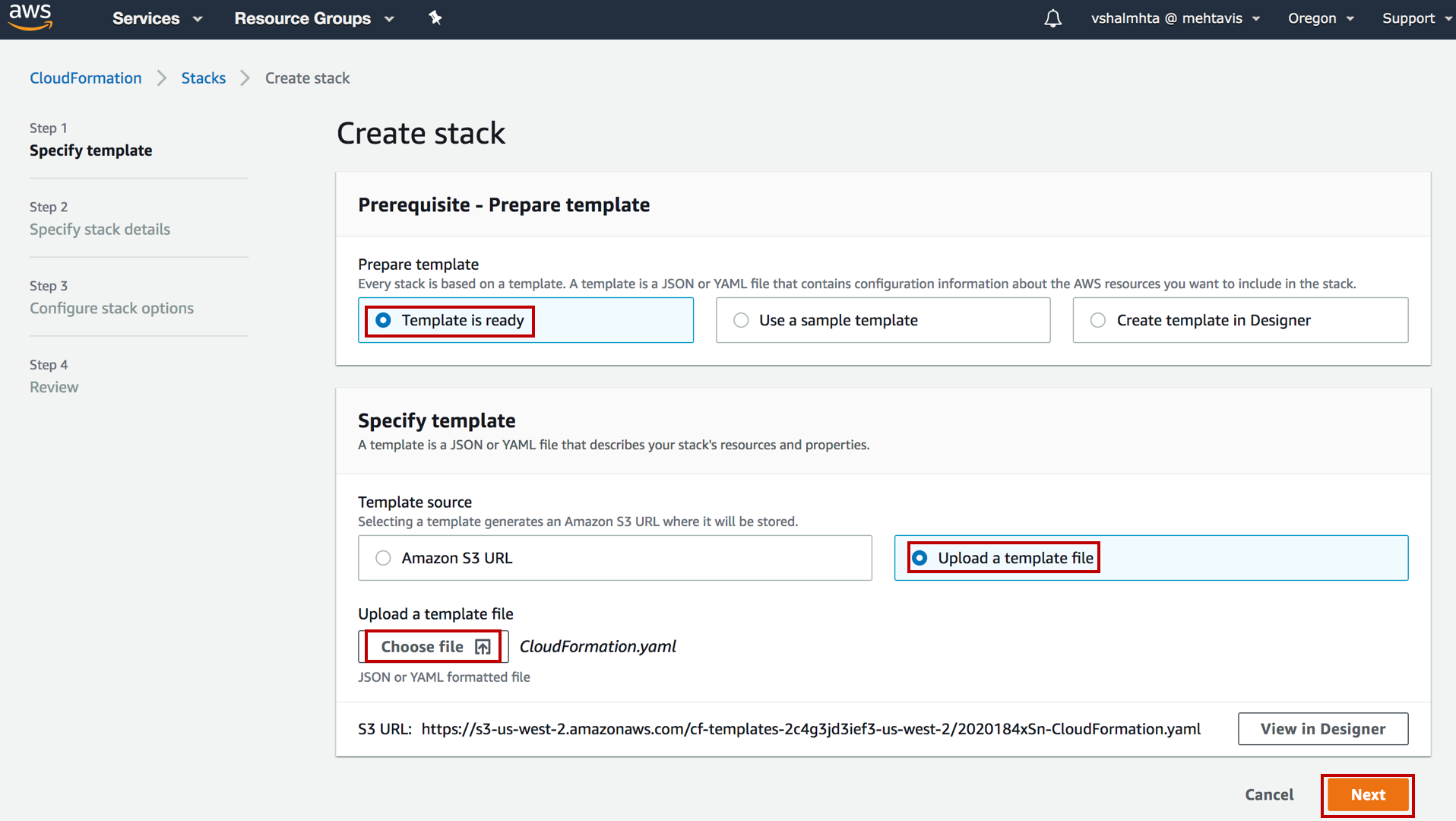 AWS CloudFormation "Create stack" interface showing step 1, where a template is prepared and specified by uploading a file named "CloudFormation.yaml."