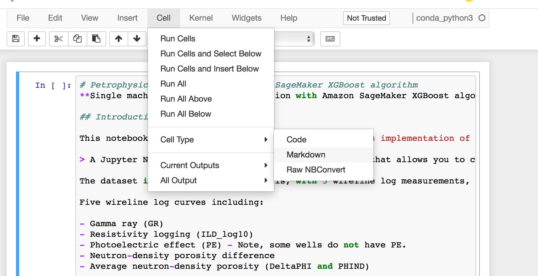 Screenshot of a Jupyter Notebook interface displaying the 'Cell' menu with options for running, inserting, and modifying notebook cells, shown in the context of a petrophysics example notebook.