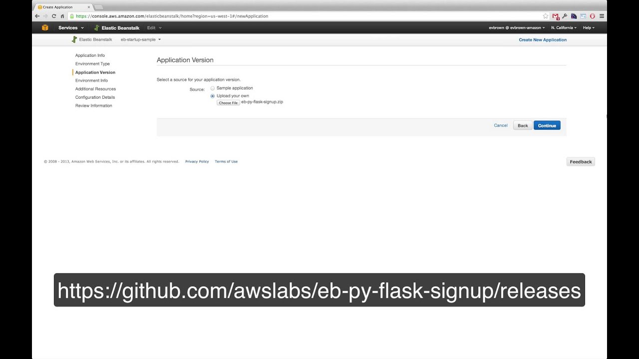 Screenshot of the AWS Elastic Beanstalk console showing the Application Version upload step for a Flask signup application, with the URL https://github.com/awslabs/eb-py-flask-signup/releases displayed at the bottom.