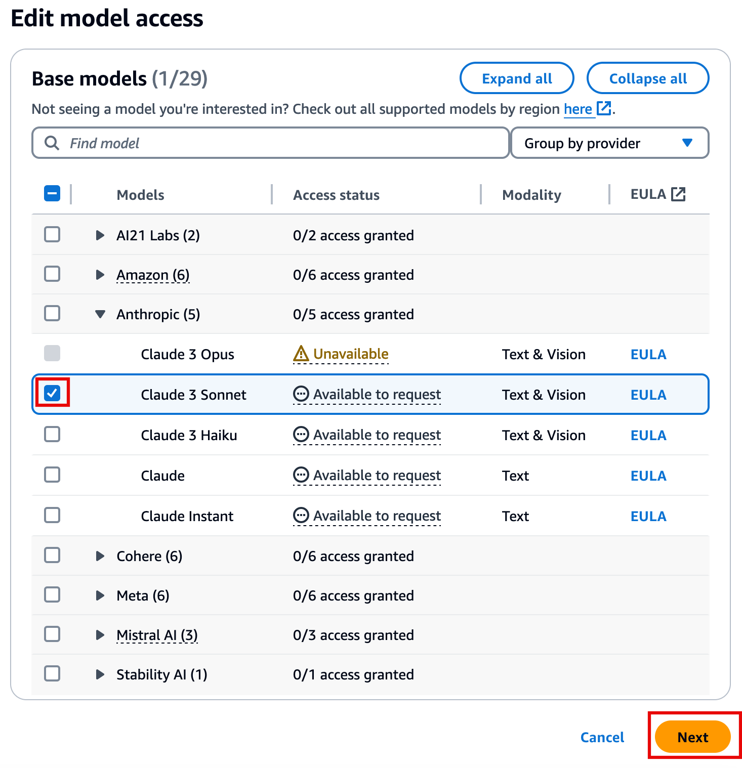 Screenshot of the 'Edit model access' screen in an AWS GenAI tutorial, showing options to select and request access to different foundational models such as Claude 3 Sonnet. The Claude 3 Sonnet model is selected and the Next button is highlighted.
