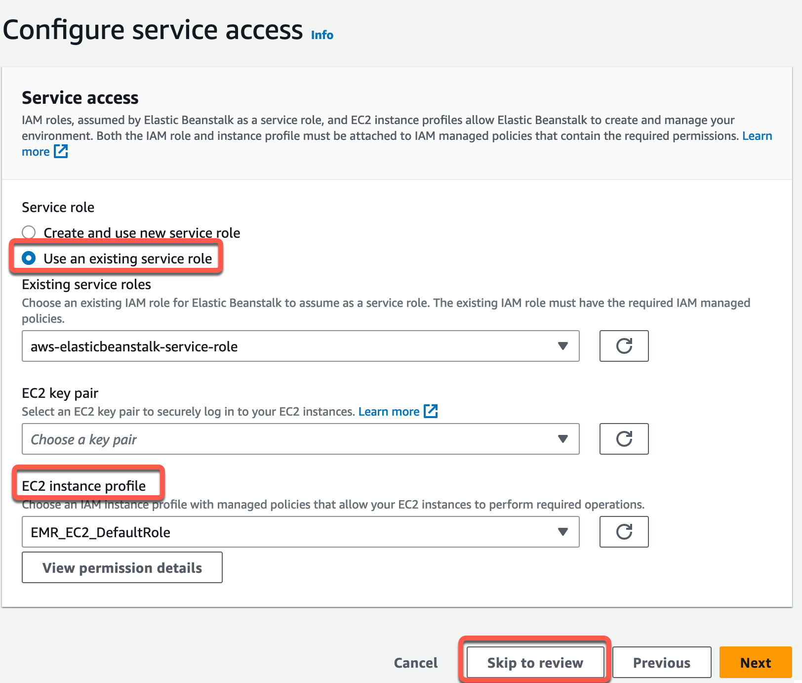 Screenshot showing the 'Configure service access' step in an AWS tutorial for creating a continuous delivery pipeline. The image highlights using an existing IAM service role and selecting an EC2 instance profile, with the 'Skip to review' button outlined at the bottom.