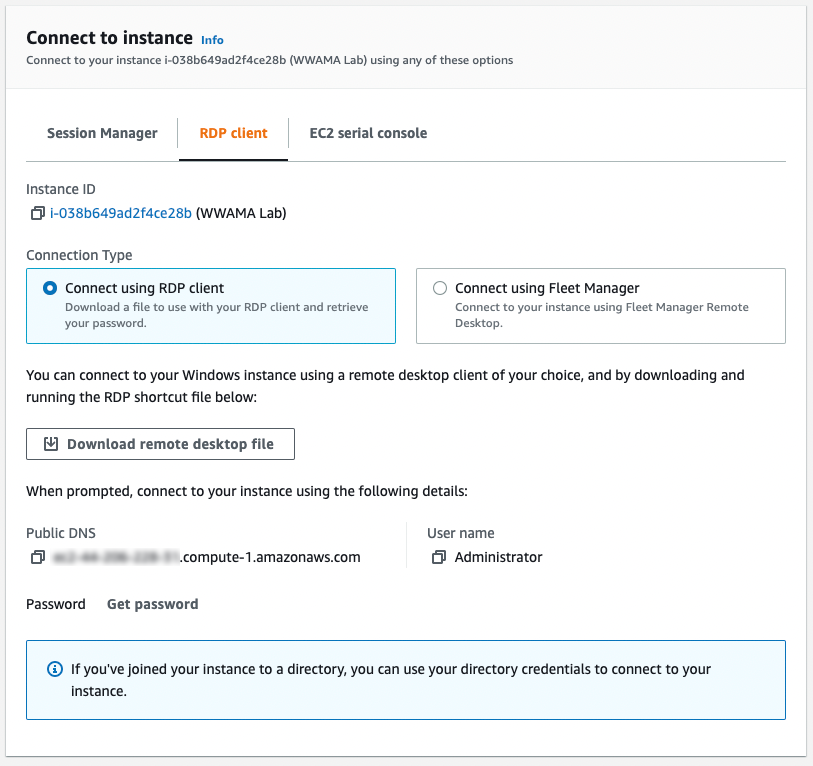 Screenshot of the AWS Management Console showing the 'Connect to instance' options for an EC2 Windows instance, highlighting the process to connect using an RDP client, including session type selection, remote desktop file download, and connection credentials.