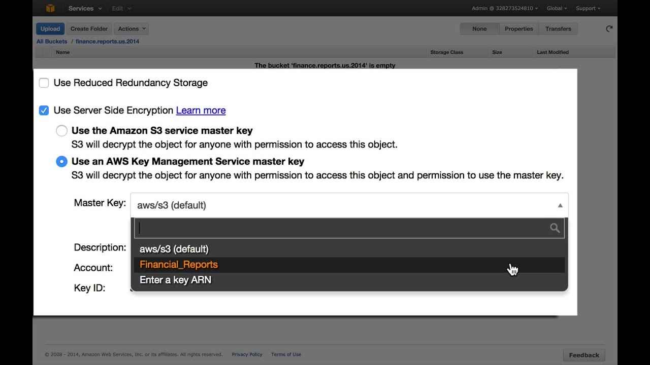 Screenshot of an AWS S3 interface showing server side encryption options and selection of an AWS Key Management Service (KMS) master key, including fields for master key, description, account, and key ID.
