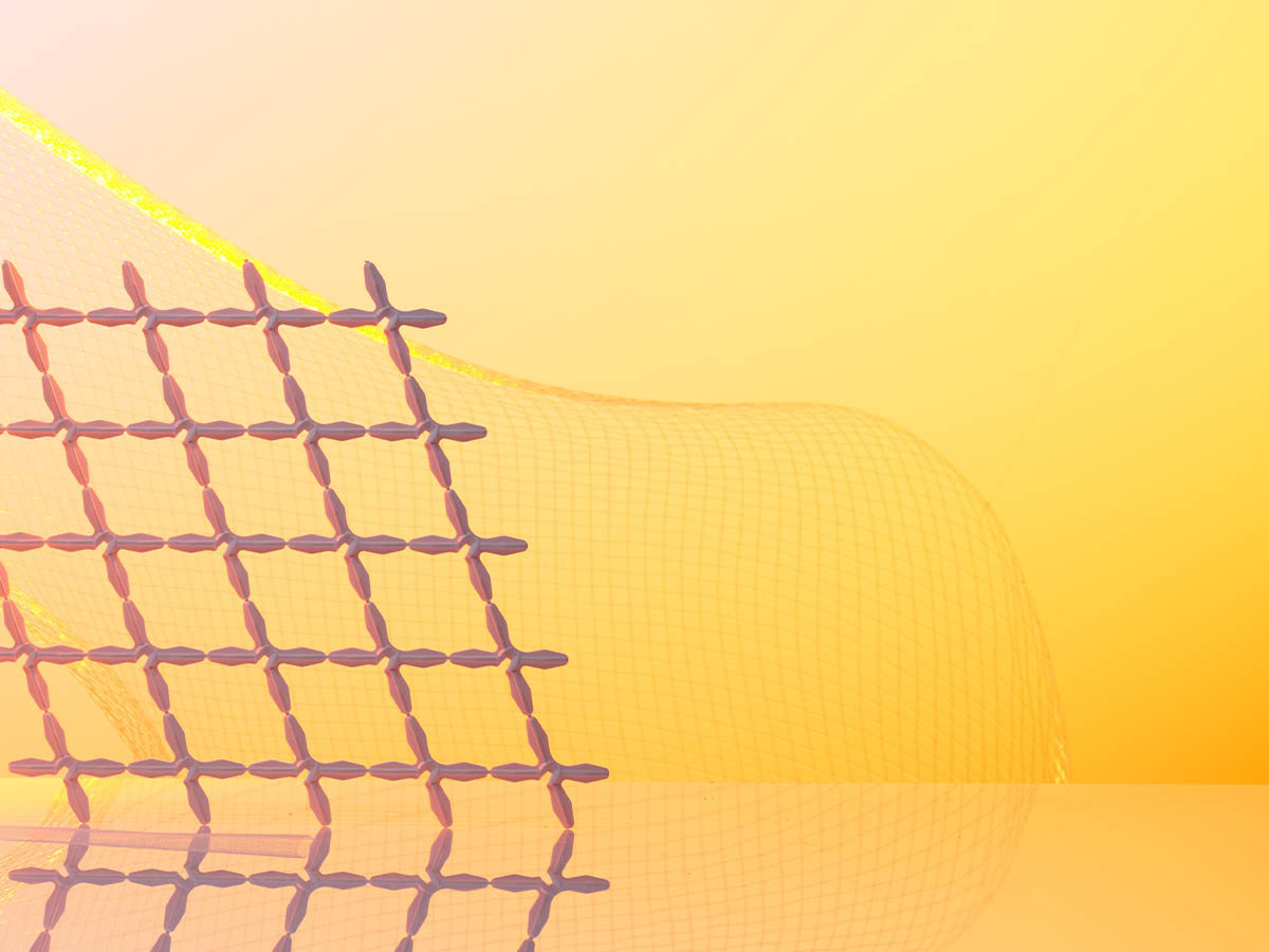 A geometric grid of cross-shaped elements in pink tones, set against a yellow gradient background with a flowing, translucent mesh curve.