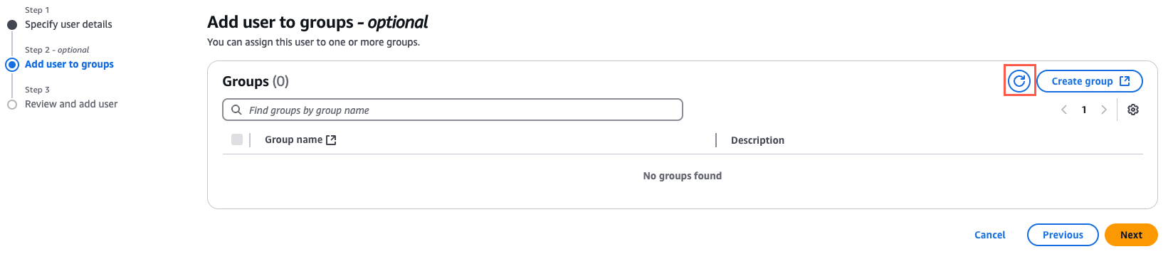 "User interface for adding a user to groups, showing no groups found, with options to search, create a group, or navigate steps."