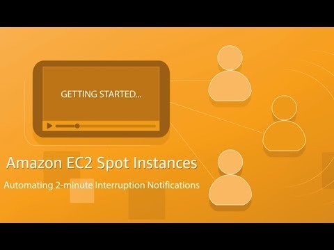 YouTube thumbnail image for 'Amazon EC2 Spot Instances: Automating 2-minute Interruption Notifications' Getting Started video, featuring stylized icons representing users and a video player on an orange background.