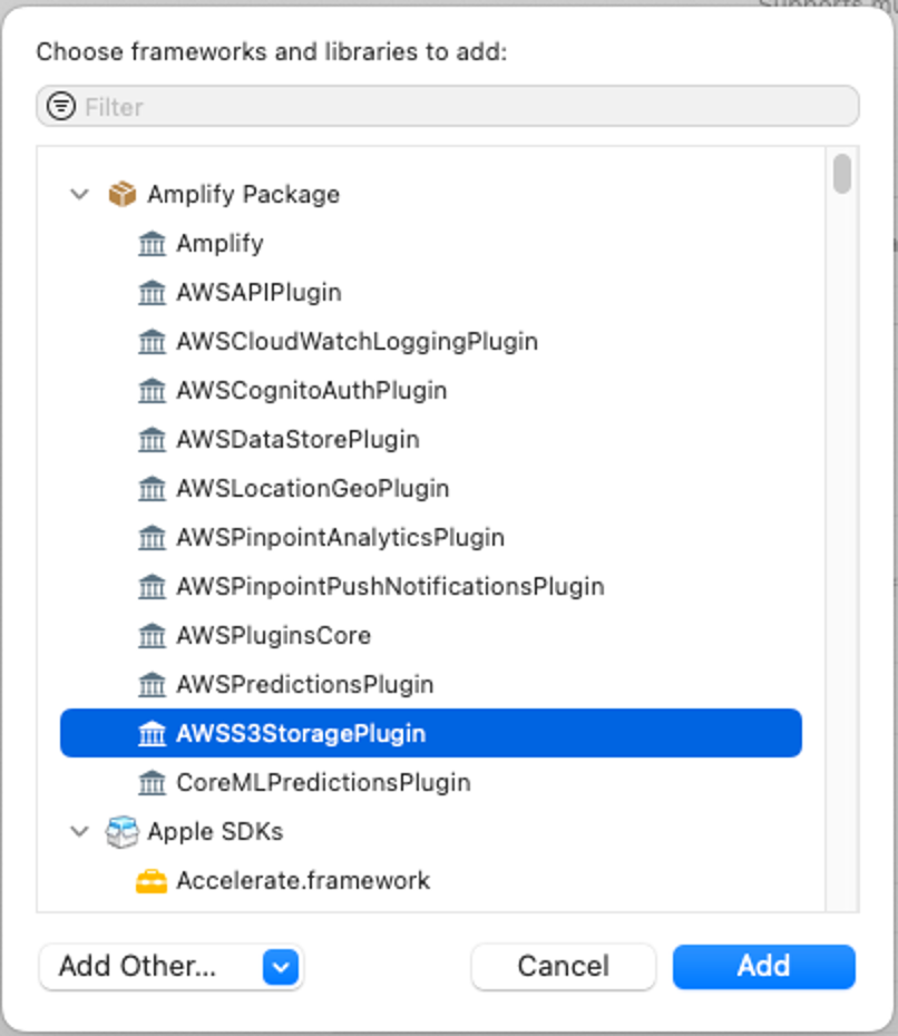 Screenshot showing the selection of frameworks and libraries, including AWS Amplify plugins such as AWSS3StoragePlugin, for an iOS app tutorial using AWS Amplify. The dialog highlights choosing plugins to add to an iOS project in Xcode, as part of Module 5 of the build iOS app tutorial.