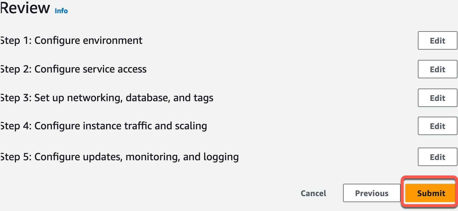 Screenshot of the 'Review' step in the AWS Create Continuous Delivery Pipeline tutorial, showing steps to configure environment, service access, networking, instance traffic, and updates, with edit and submit options.