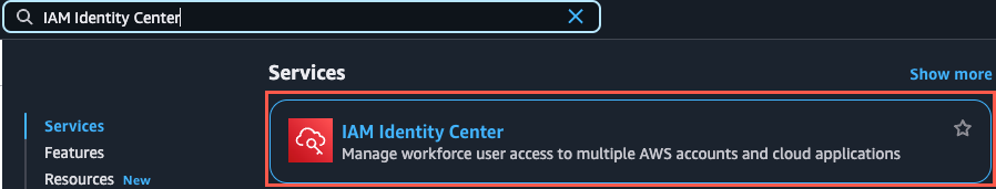 "Search result for 'IAM Identity Center' showing a highlighted service description: 'Manage workforce user access to multiple AWS accounts and cloud applications.'"