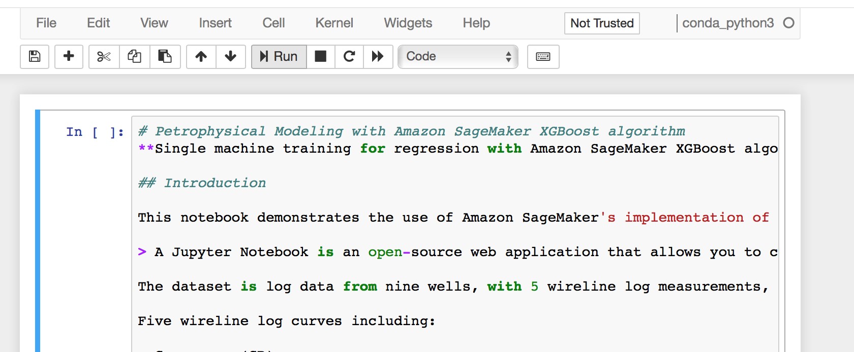Screenshot of a Jupyter Notebook demonstrating petrophysical modeling using the Amazon SageMaker XGBoost algorithm. The notebook covers single machine training for regression with log data from multiple wells and includes an introduction and dataset description.