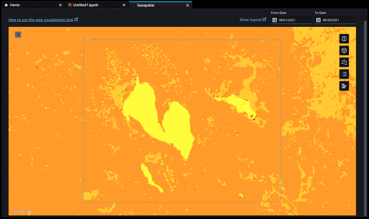 Screenshot of the Amazon SageMaker Geospatial capabilities map visualization tool, displaying a yellow heatmap visualization for June 2021.