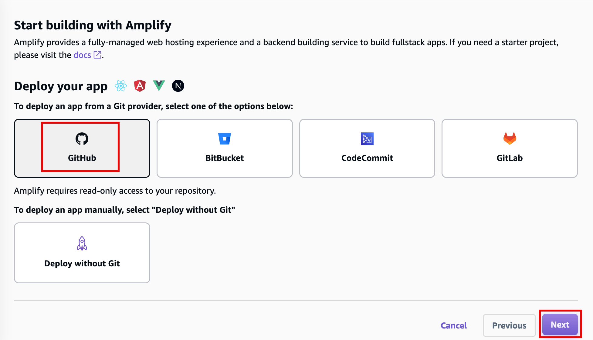 Screenshot of the AWS Amplify setup page showing options to deploy an app using GitHub, BitBucket, CodeCommit, or GitLab, with GitHub highlighted. Manual deployment without Git is also available. The 'Next' button is highlighted at the bottom right.