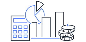 Icon representing AWS Budgets and Cost Management, featuring a calculator, bar chart, pie chart, and stacked coins.