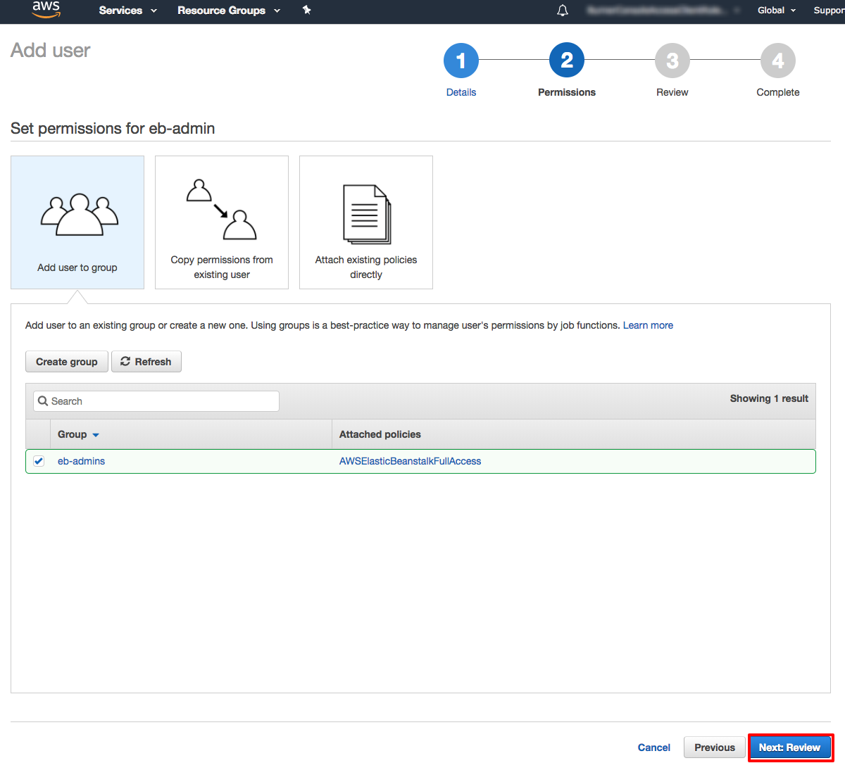 Screenshot of the AWS IAM console showing the process of setting permissions for a user by adding them to a group with AWSElasticBeanstalkFullAccess policy attached.