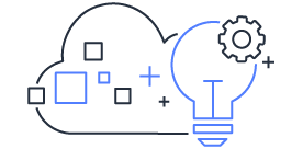 Line art illustration depicting a cloud, light bulb, gear, and squares, representing cloud innovation and cloud computing.