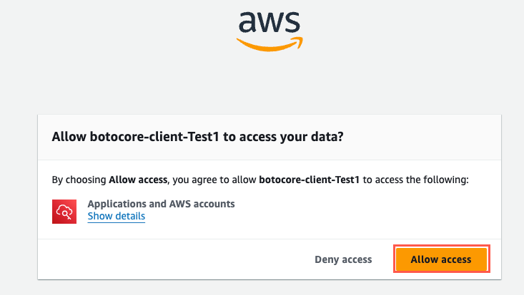 Alt-text: AWS prompt asking to allow "botocore-client-Test1" access to data, with options to "Deny access" or "Allow access."