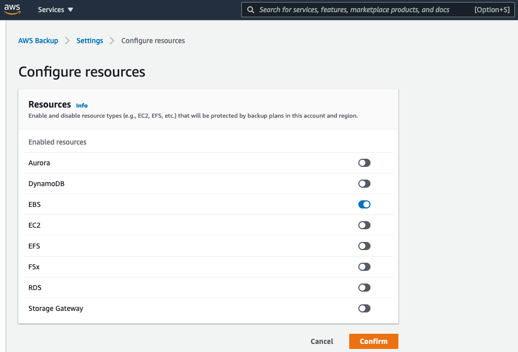 "Screenshot of the AWS Backup 'Configure resources' settings page, showing toggle switches to enable or disable backup protection for various resources like Aurora, DynamoDB, EBS, EC2, and others."