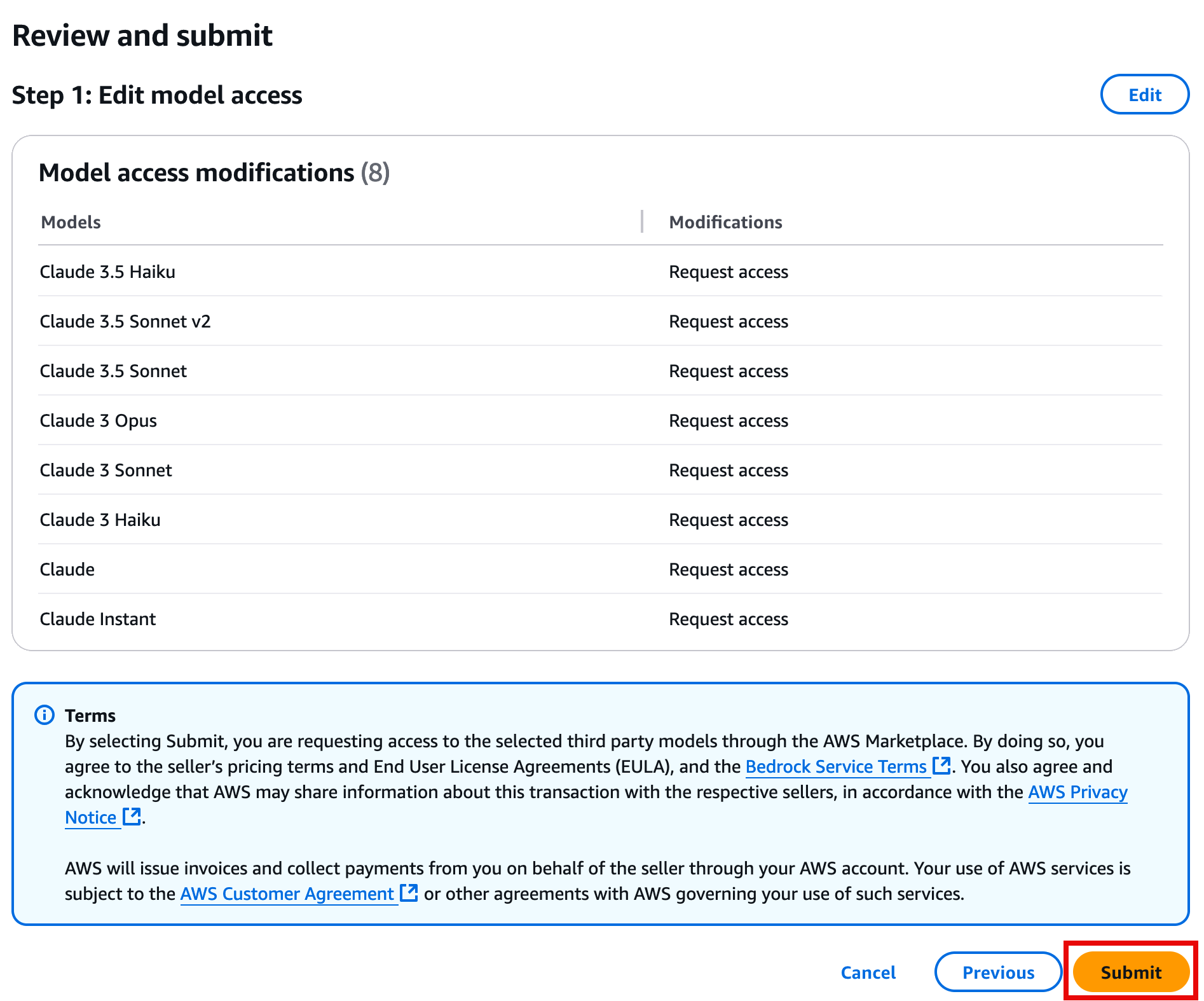"Interface for editing model access in AWS, listing eight Claude models with 'Request access' options, and a 'Submit' button highlighted at the bottom."