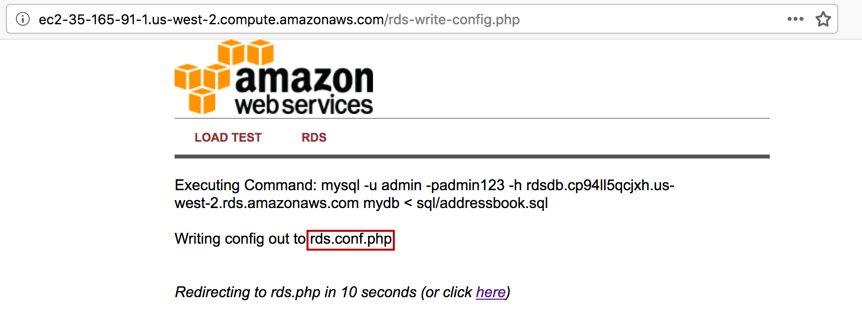 "Amazon Web Services page showing a command execution for MySQL and a message about writing configuration to rds.conf.php, with a redirect notice."