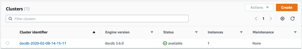 Screenshot of the Amazon DocumentDB cluster list view in the AWS Management Console, showing details such as cluster identifier, engine version, status, instances, and maintenance.