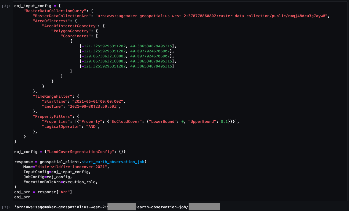 Screenshot of a Python code example demonstrating how to set up and run an earth observation job using AWS SageMaker Geospatial. The code includes configuration for area of interest, time range, and cloud cover filters, and shows the process of starting an earth observation job for land cover segmentation.