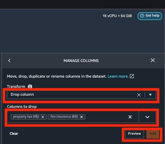 Alt-text: A data management interface showing options to drop columns, with "property tax (R$)" and "fire insurance (R$)" selected for removal.
