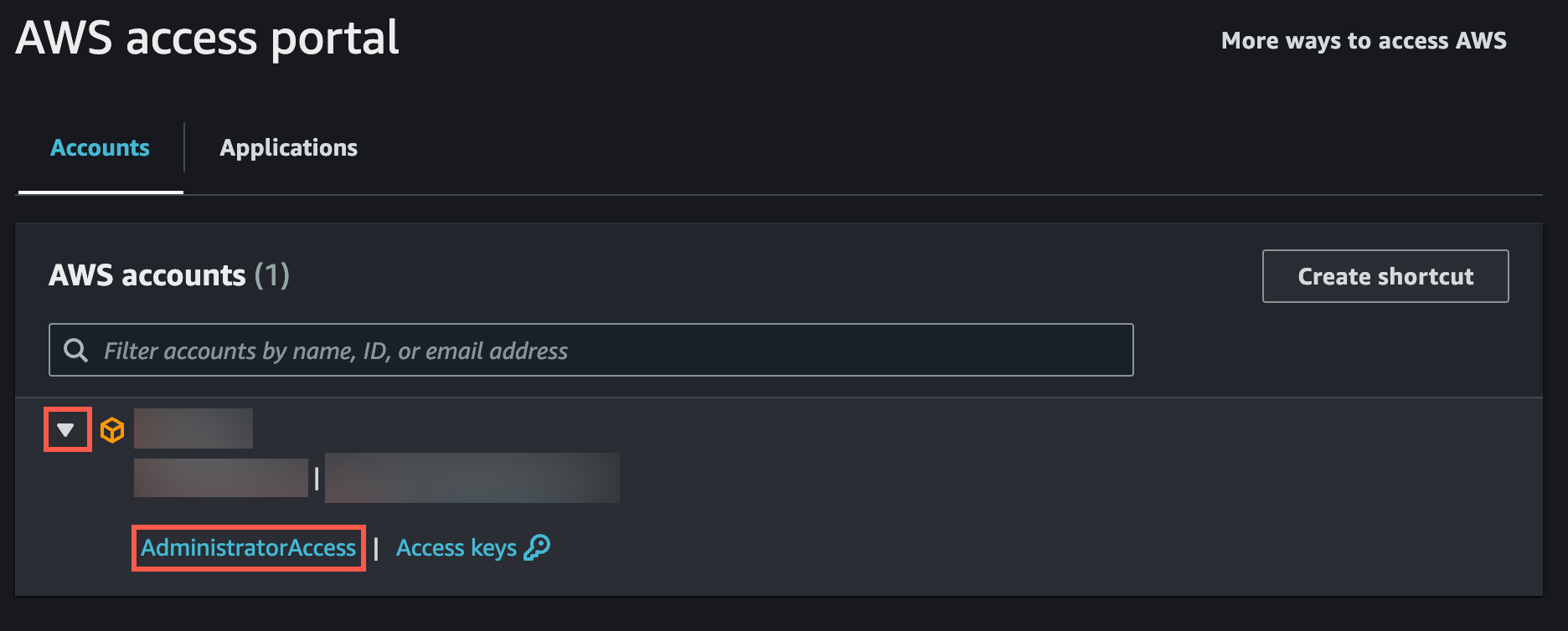 AWS access portal interface showing one account with "AdministratorAccess" permissions and an option to create a shortcut.