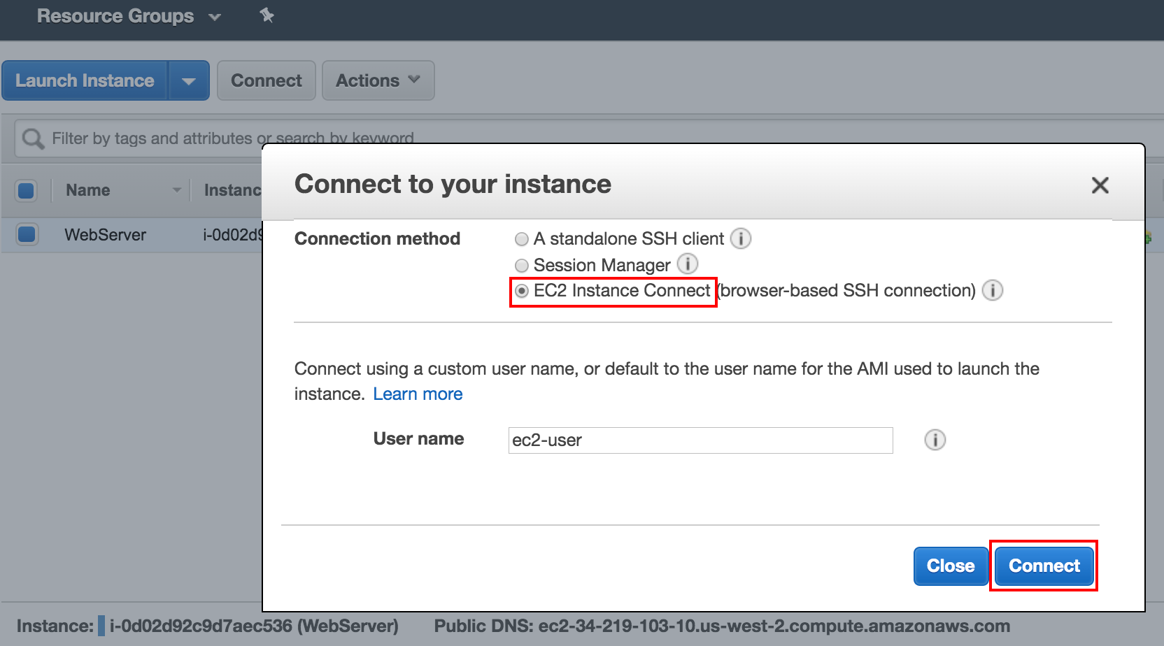 "EC2 Instance Connect interface showing connection method options, with 'EC2 Instance Connect' selected and a 'Connect' button highlighted."