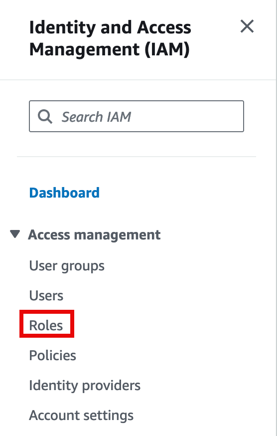 "Identity and Access Management (IAM) menu with 'Roles' highlighted in red under Access management."