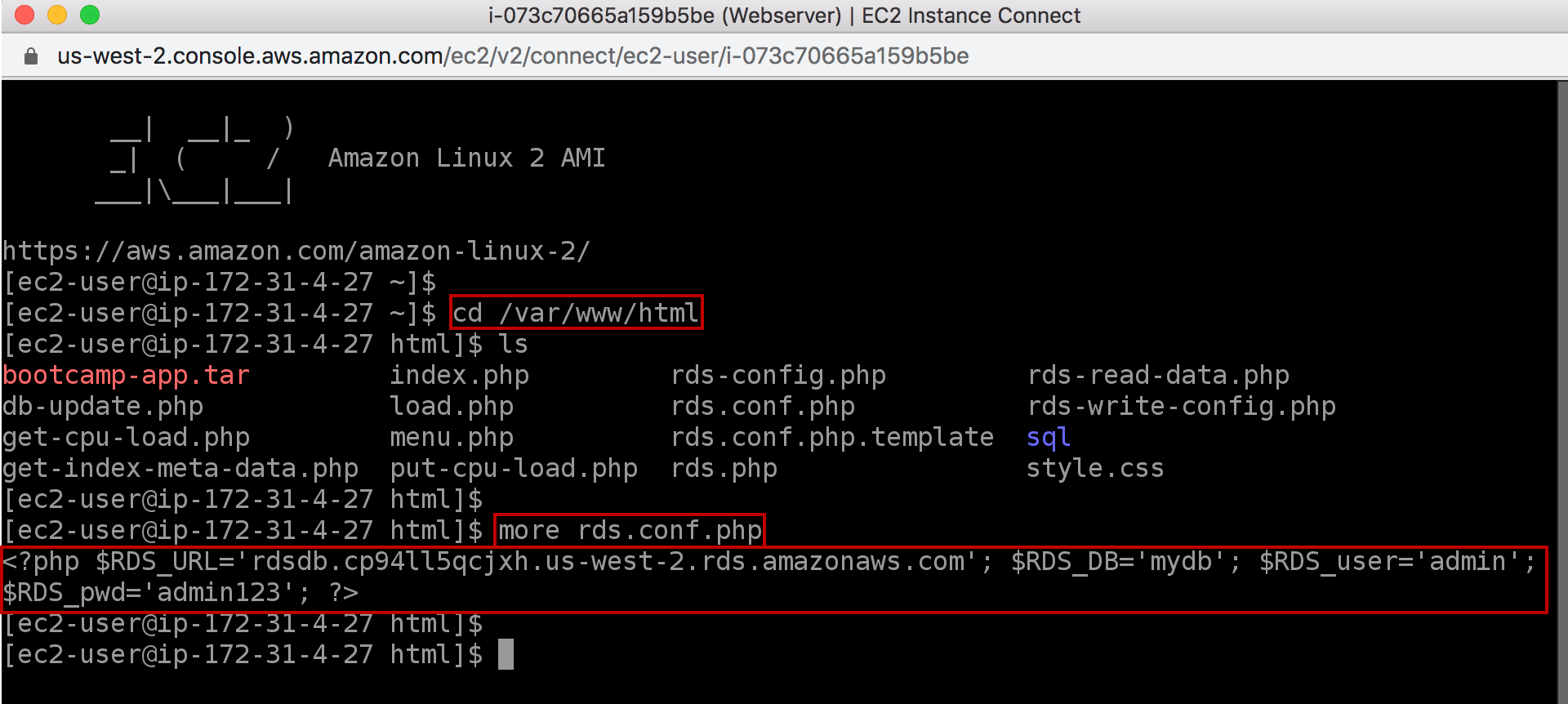 Terminal window showing navigation to the `/var/www/html` directory on an Amazon Linux 2 instance, listing files including `rds.conf.php`, and displaying database connection details in the `rds.conf.php` file.