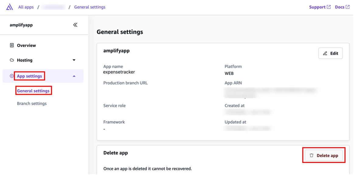 Screenshot of the AWS Amplify console showing the General settings for an app, with the App settings > General settings section highlighted and the 'Delete app' option visible. This demonstrates how to access and delete an application within AWS Amplify app settings.