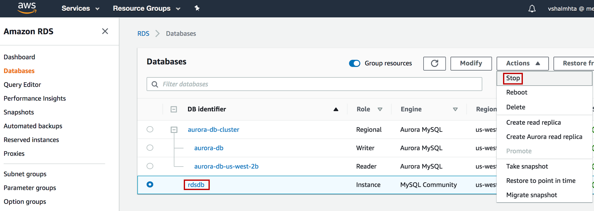 Alt-text: Amazon RDS interface showing a list of databases with the "Actions" dropdown menu expanded, highlighting the "Stop" option for the selected database "rdsdb".