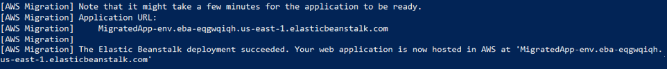 Screenshot of a terminal output showing the successful deployment of a migrated ASP.NET web application to AWS Elastic Beanstalk, including the application URL and confirmation of deployment.