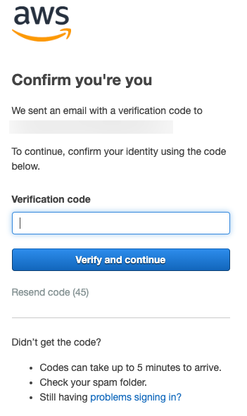 AWS verification page prompting the user to enter a code sent via email to confirm their identity.