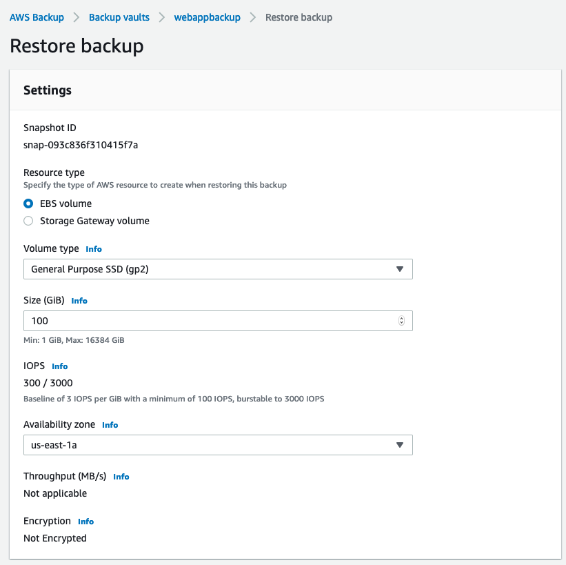 Alt-text: AWS Backup restore settings page showing options for EBS volume type, size, IOPS, availability zone, throughput, and encryption status.