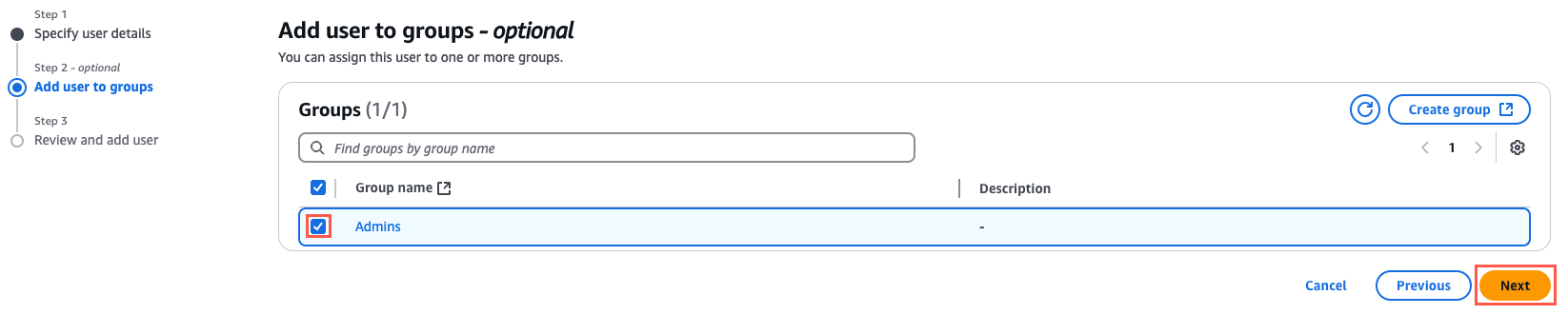 "Interface for adding a user to groups, with 'Admins' group selected and 'Next' button highlighted."