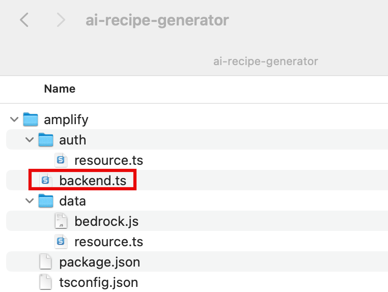 Screenshot of the 'ai-recipe-generator' project directory structure, highlighting the backend.ts file located in the amplify/auth folder.
