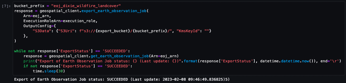 Screenshot showing sample Python code for exporting an Earth Observation Job using the Amazon SageMaker Geospatial service. The code includes logic to check the export status and print results, illustrating integration with AWS services and S3 storage.