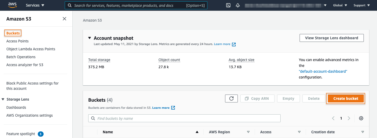 Screenshot of the Amazon S3 web console showing the Buckets overview, account storage snapshot, and the option to create a new bucket. The interface displays total storage, object count, and average object size, along with account navigation and Storage Lens dashboard options.
